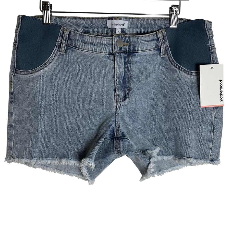 Motherhood Maternity Light Wash Side Panel Raw Hem Denim Shorts Womens M SARA LT